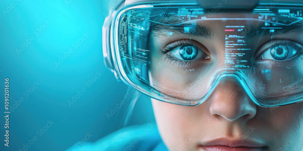 Poster facial and recognition concept. portrait of person in sci fi data hub with holographic elements