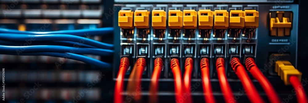 Poster Colorful Ethernet Cables Connected to Network Switch in a Server Room : Generative AI
