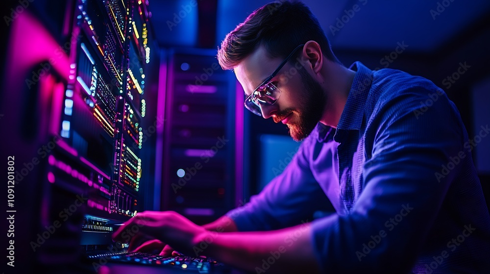 Poster Tech professional working on advanced server maintenance in a modern data center : Generative AI