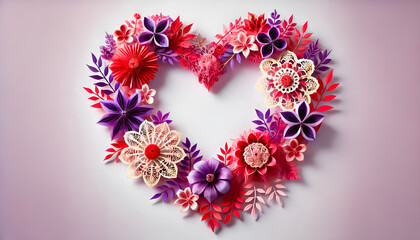 Heart-Shaped Kirigami Wreath with Intricate Flowers and Leaves - Vibrant Paper craft Design in Red, Purple, and Pink for Love and Celebration