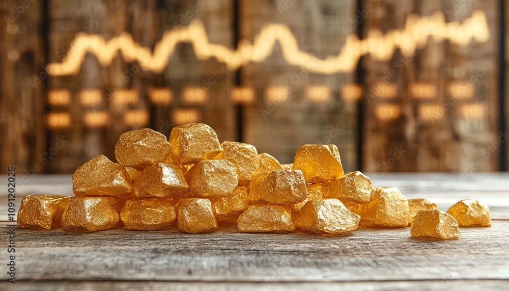 Poster a visual of gold bars and nuggets with a clear, rising stock graph behind them, representing the con