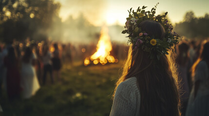 Naklejka premium Riga Solstice Festival, crowds of people gather in green fields with flowers and leaves adorning their heads, a large bonfire burning in the middle, Ai generated images