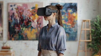 Fototapeta premium A woman wearing a VR headset stands in an art studio filled with colorful paintings, highlighting the intersection of technology and creativity.