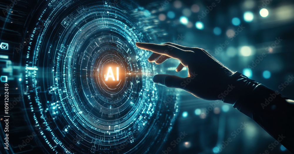 Poster a futuristic hand reaches toward a glowing ai core, representing the intersection of technology and 