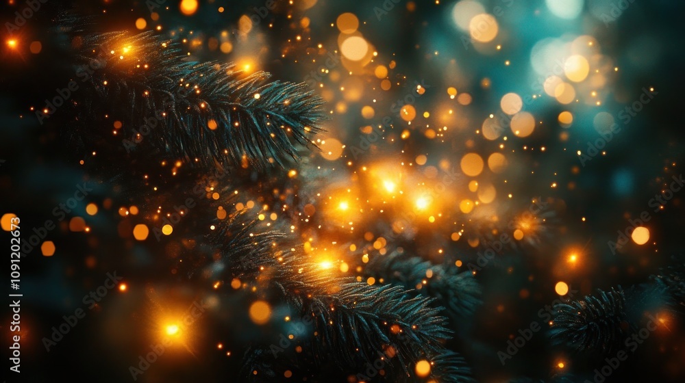 Poster a close up of a pine branch with sparkling lights in the background.