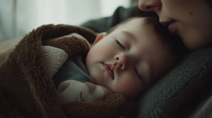 Tender Mothers Kiss, Sleeping Baby, Cozy Blanket, Soft Textures, Peaceful Scene, Sweet Dreams, Infan
