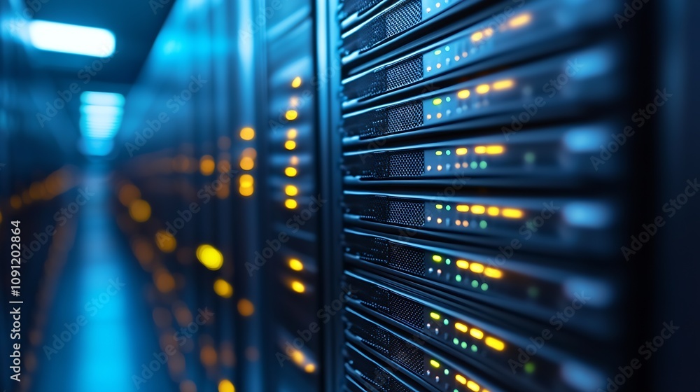 Fototapete data center server racks with glowing lights in modern high-tech facility : generative ai