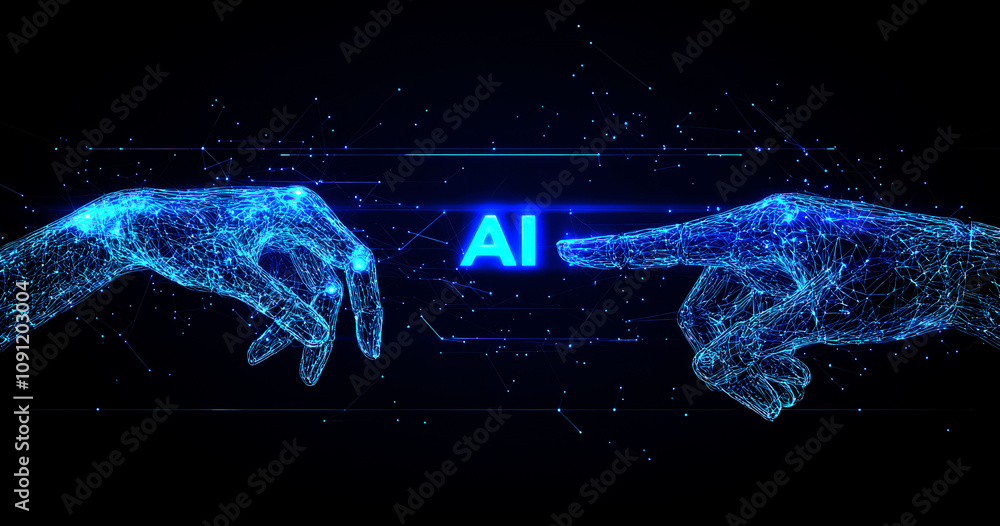 Poster a digital representation of two hands reaching toward each other, symbolizing the connection between
