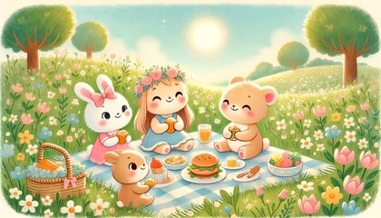 Fototapeta premium A Heartwarming Spring Picnic: Animal Friends Sharing Food and Laughter in a Sunny Flower Meadow