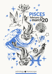 Obraz premium Hand drawn pisces zodiac sign illustration, horoscope background with astrology symbols and talismans.