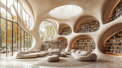 Spacious library hall with high ceilings and intricate architecture