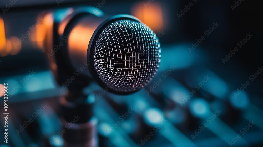 Poster professional studio microphone on mixer board with soft ambient lighting for music production : gene