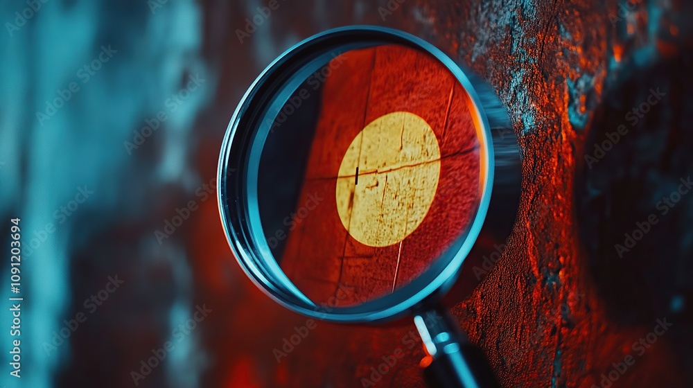 Poster a magnifying glass reflecting a circular pattern on a textured surface.