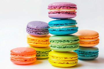 Fototapeta premium Brightly Colored Stacked Up French Macarons on White Background