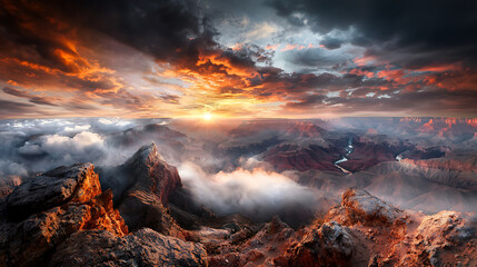 Fototapeta premium Breathtaking Grand Canyon at sunset, showcasing rugged cliffs, dramatic clouds, and vibrant sky. serene river winds through canyon, creating stunning landscape