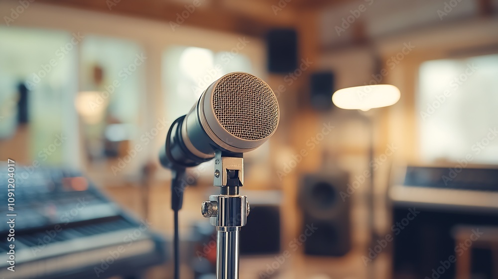 Poster professional studio microphone setup with blurred music equipment background : generative ai