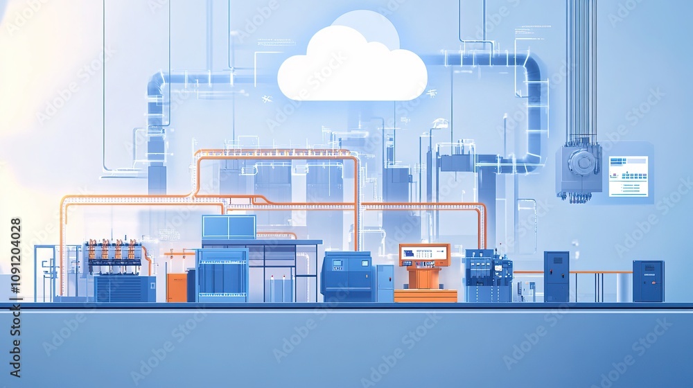 Poster a high-tech smart factory with machinery connected to a cloud-based control system.