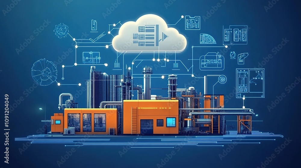 Poster a high-tech smart factory with machinery connected to a cloud-based control system.