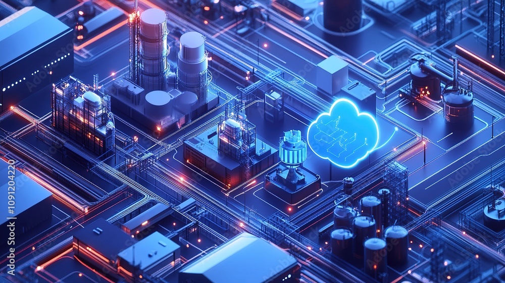 Poster a high-tech smart factory with machinery connected to a cloud-based control system.