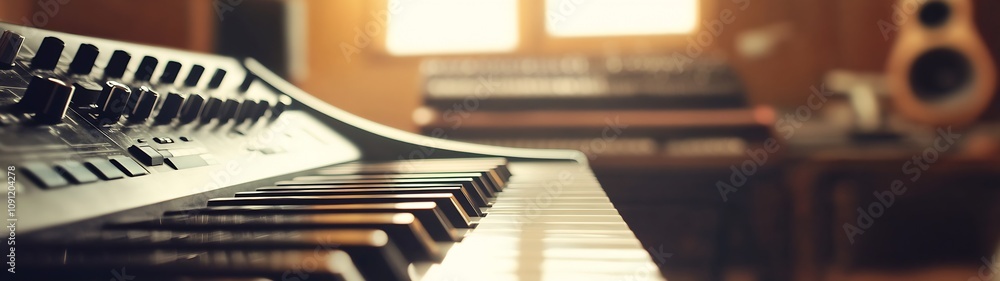 Aufkleber Analog synthesizer close-up in cozy home studio with blurred background : Generative AI