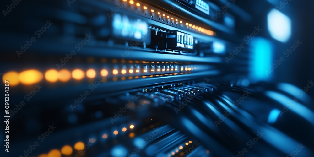 Poster Dynamic Blue and Orange Network Cables in Modern Data Center Showcasing Technical Precision : Generative AI