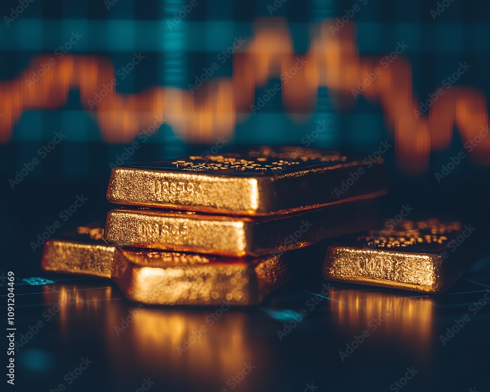 Poster gold bars with a fluctuating stock chart behind them, representing the unpredictable nature of gold 