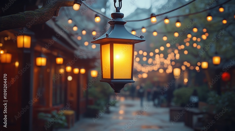 Poster a close-up view of a lit street lamp hanging from a string of lights with a blurred background of a 