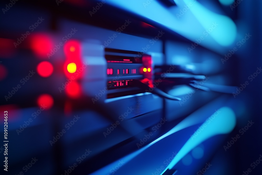 Poster Advanced Data Center with Vibrant Red Blue Lighting and Connected Network Cables : Generative AI