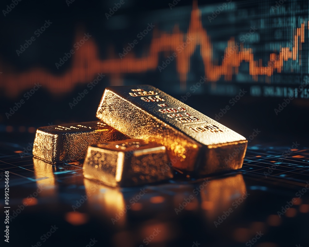 Poster gold bars with a fluctuating stock chart behind them, representing the unpredictable nature of gold 