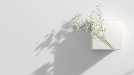 Obraz premium Top view of a white gift box with a sprig of gypsophila flower, minimalist and elegant generative ai