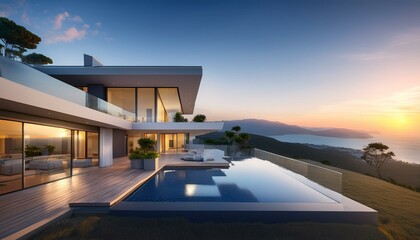 Fototapeta premium Modern Luxury Villa with Infinity Pool and Scenic Views