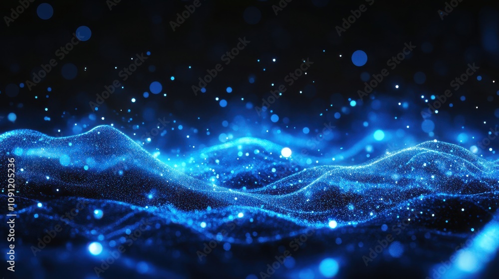 Poster abstract blue digital landscape with luminous particles and glowing waves, creating a mesmerizing vi