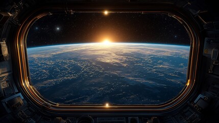 Earth Sunrise View from Spaceship Porthole