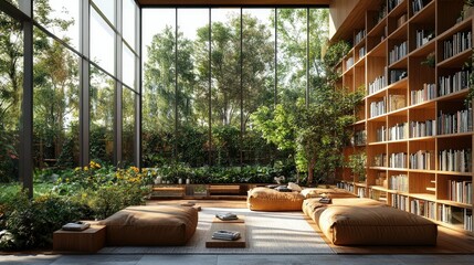 Spacious library with natural light and large windows overlooking a garden