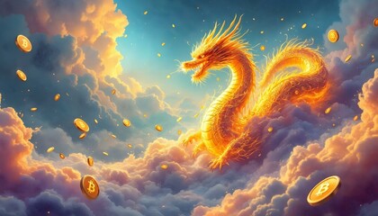 dragon dorado con monedas bitcoin alrededor