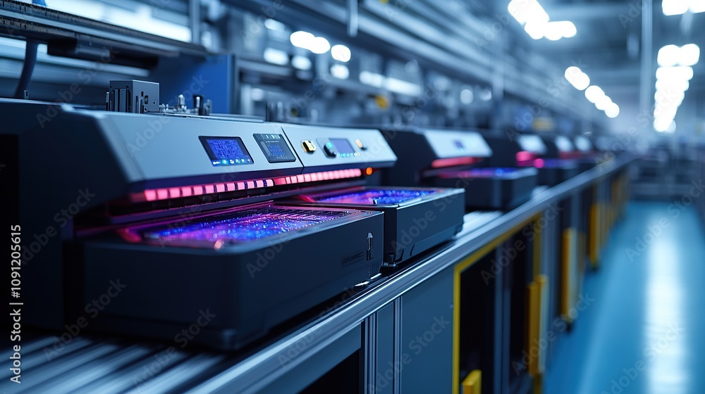Poster a modern industrial setting with advanced printing machines on a production line.