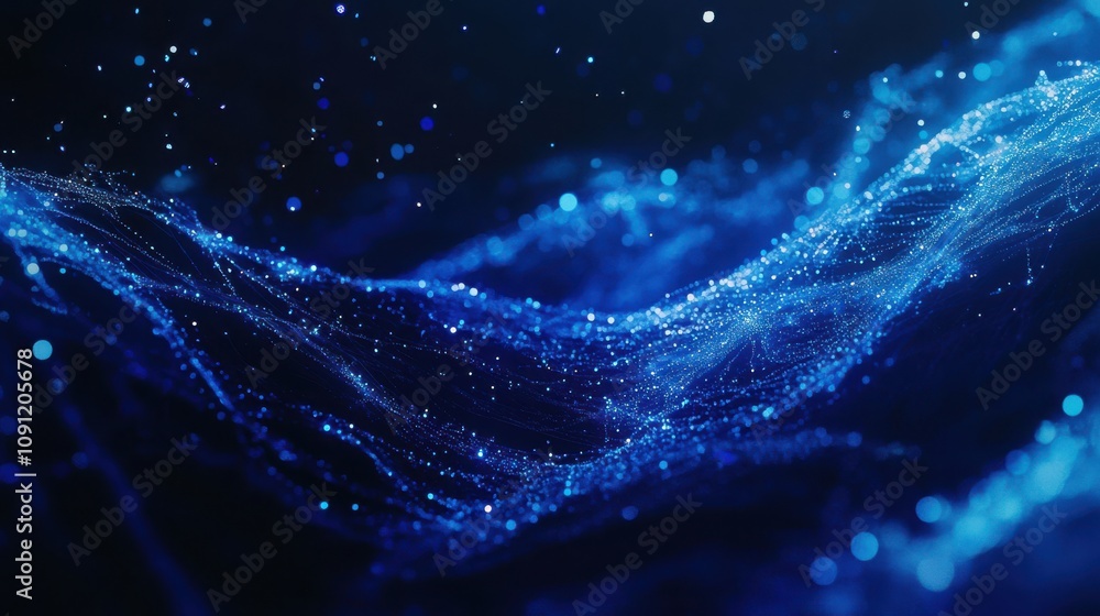 Poster abstract blue waves of light with glittering particles in a dark background creating a dreamy and my