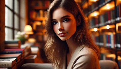 Close-up portrait of a young woman with long light hair and a gentle expression, sitting in a cozy, warmly lit library environment