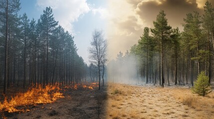 Obraz premium before and after a forest fire, split screen