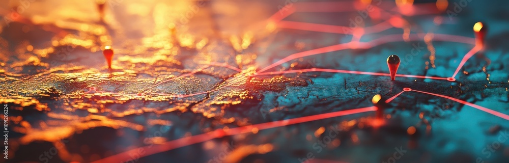 Poster abstract close-up of a digital map with glowing connections and markers illustrating geographical da