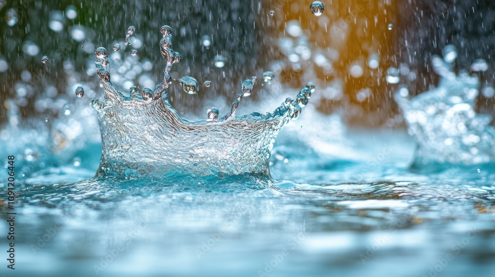 Poster a close-up view of a water drop splashing in a pool of water, creating a crown-shaped spray.