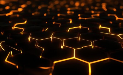 Obraz premium Abstract Close-Up View of Glowing Hexagonal Patterns with Bright Orange Edges Creating a Modern and Futuristic Background for Design Projects and Websites