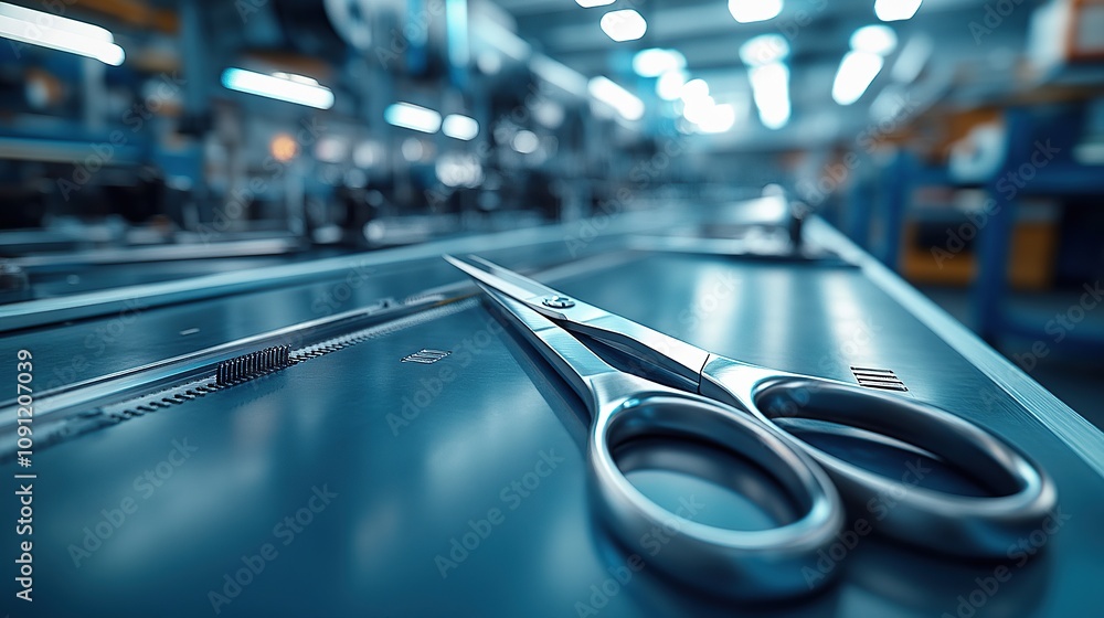 Poster a pair of scissors resting on a work surface in an industrial setting.