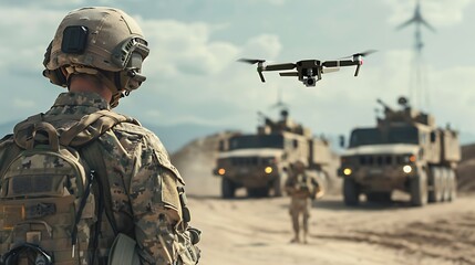 Fototapeta premium A soldier monitors a drone in a military setting with vehicles in the background.