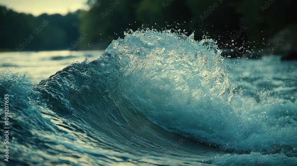 Poster a close-up view of a wave breaking in a river.