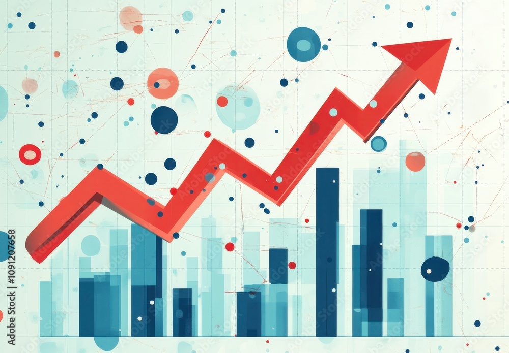 Poster abstract data visualization with red arrow increasing trend graph on light background highlighting b
