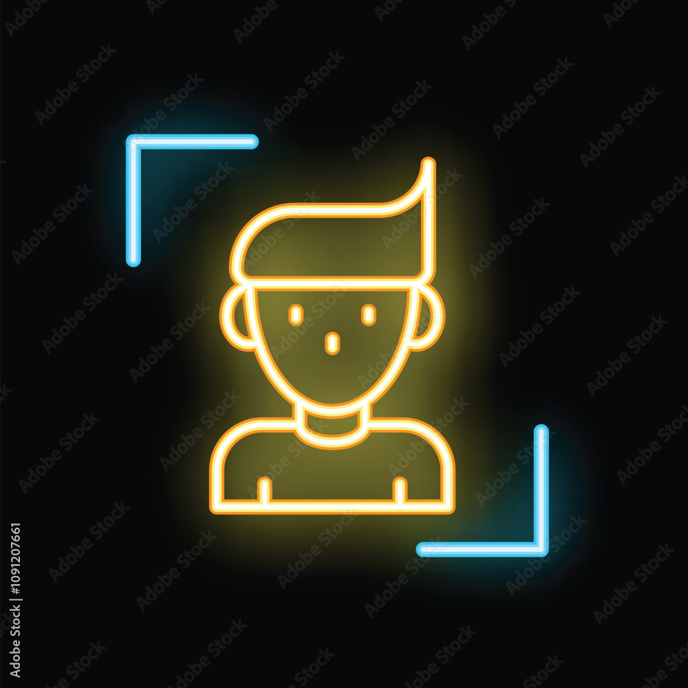 Poster neon style icon showing facial recognition with man face with focus on it