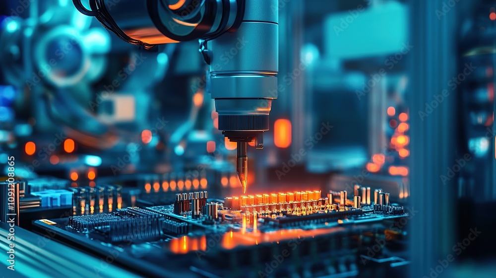 Poster a robotic arm assembling components on a circuit board in a high-tech environment.