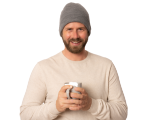 Young hipster man holding a cup of coffee isolated over transparent background. PNG transparent