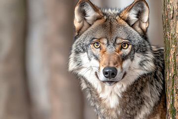 Fototapeta premium Striking big eyes and deep expression. close up of wolf with intense eyes, showcasing its thick fur and alert expression in natural forest setting. wolf gaze is captivating.